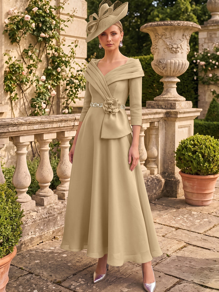 A-Line/Princess V-Neck Chiffon Mother of the Bride Dresses Ankle-Length 3/4 Sleeves 3D Flower Sequins
