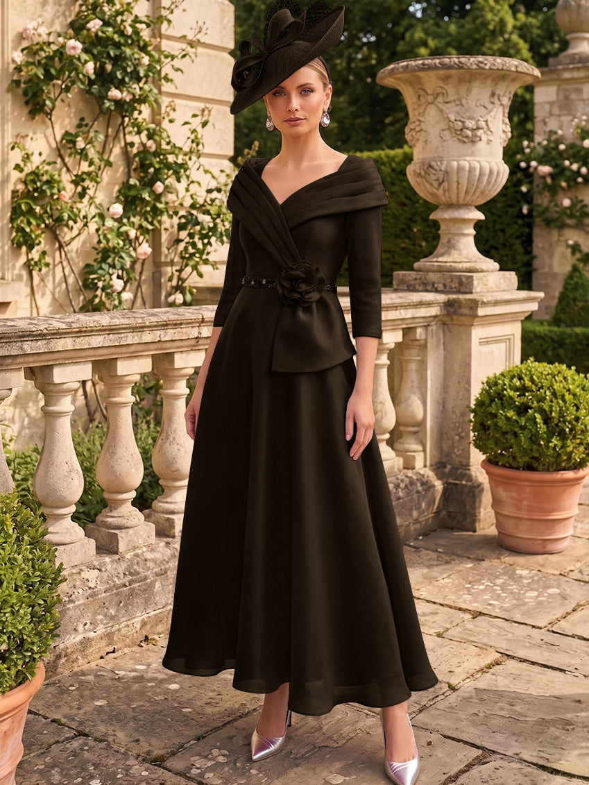 A-Line/Princess V-Neck Chiffon Mother of the Bride Dresses Ankle-Length 3/4 Sleeves 3D Flower Sequins