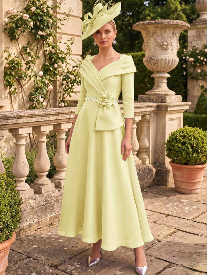 A-Line/Princess V-Neck Chiffon Mother of the Bride Dresses Ankle-Length 3/4 Sleeves 3D Flower Sequins