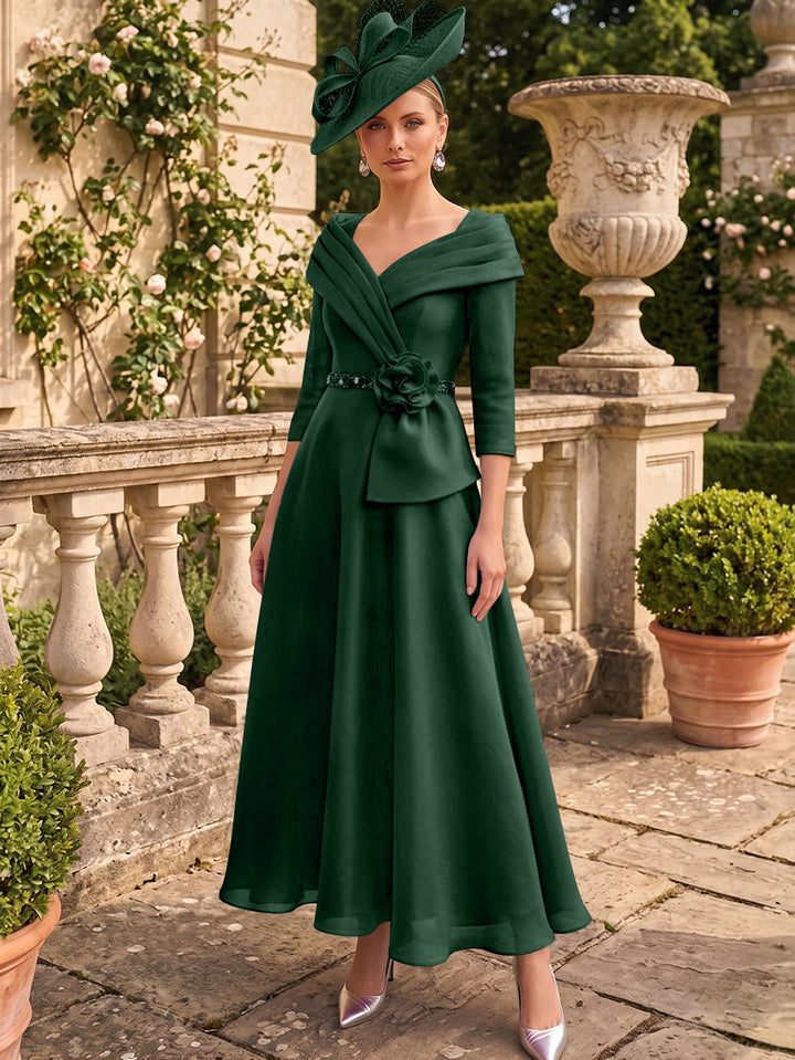 A-Line/Princess V-Neck Chiffon Mother of the Bride Dresses Ankle-Length 3/4 Sleeves 3D Flower Sequins