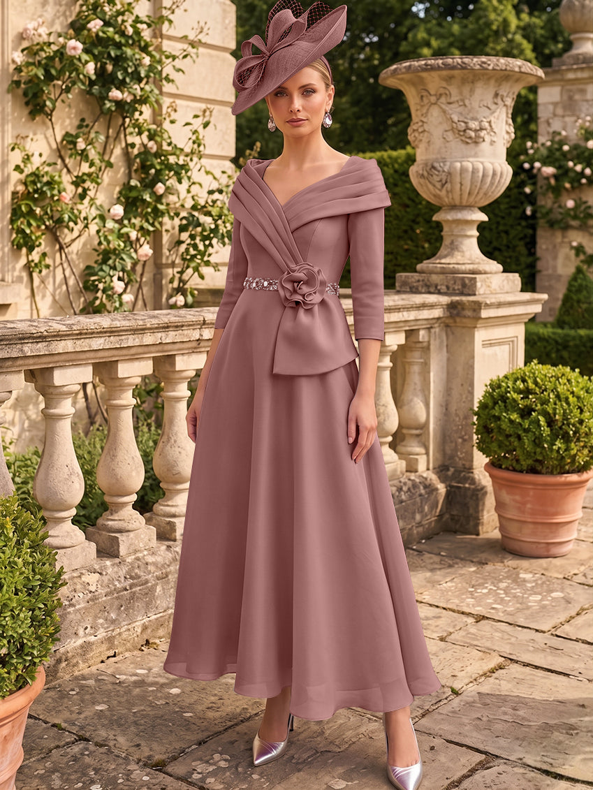 A-Line/Princess V-Neck Chiffon Mother of the Bride Dresses Ankle-Length 3/4 Sleeves 3D Flower Sequins