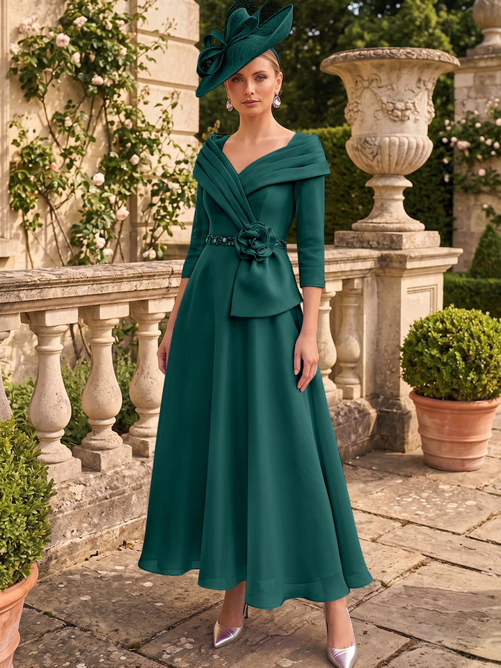 A-Line/Princess V-Neck Chiffon Mother of the Bride Dresses Ankle-Length 3/4 Sleeves 3D Flower Sequins