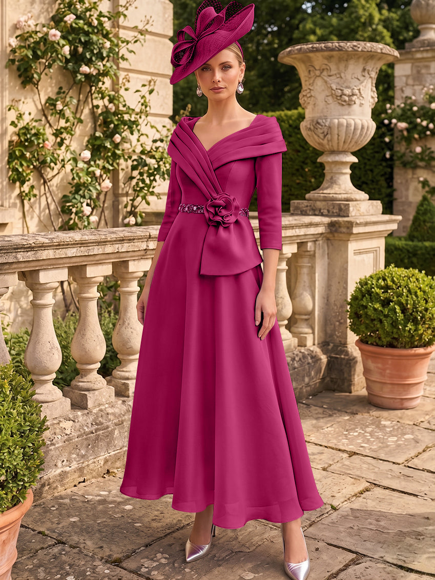 A-Line/Princess V-Neck Chiffon Mother of the Bride Dresses Ankle-Length 3/4 Sleeves 3D Flower Sequins