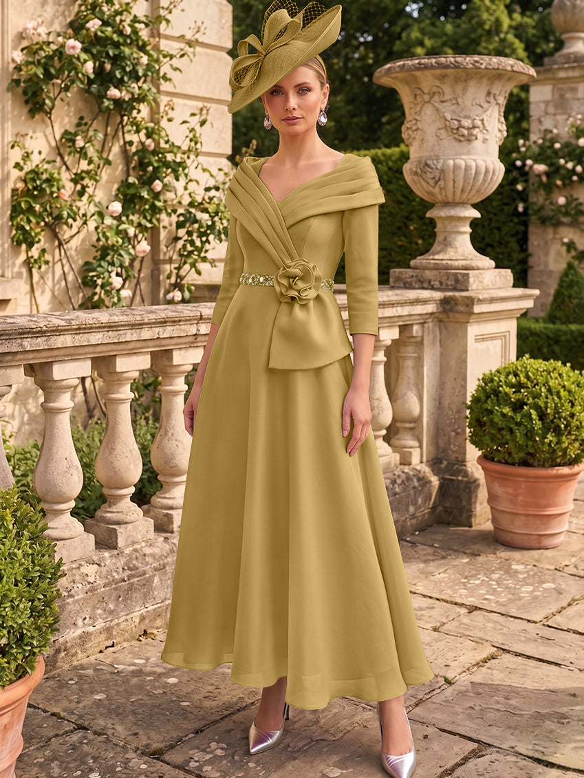 A-Line/Princess V-Neck Chiffon Mother of the Bride Dresses Ankle-Length 3/4 Sleeves 3D Flower Sequins