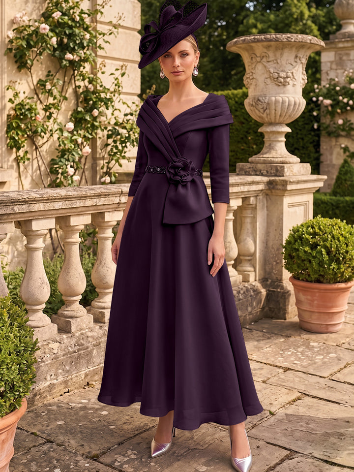 A-Line/Princess V-Neck Chiffon Mother of the Bride Dresses Ankle-Length 3/4 Sleeves 3D Flower Sequins