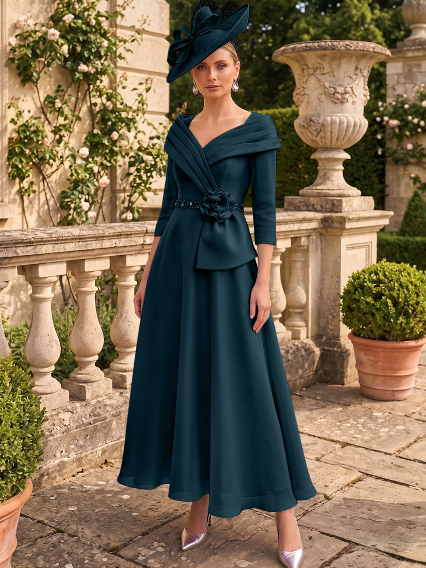 A-Line/Princess V-Neck Chiffon Mother of the Bride Dresses Ankle-Length 3/4 Sleeves 3D Flower Sequins