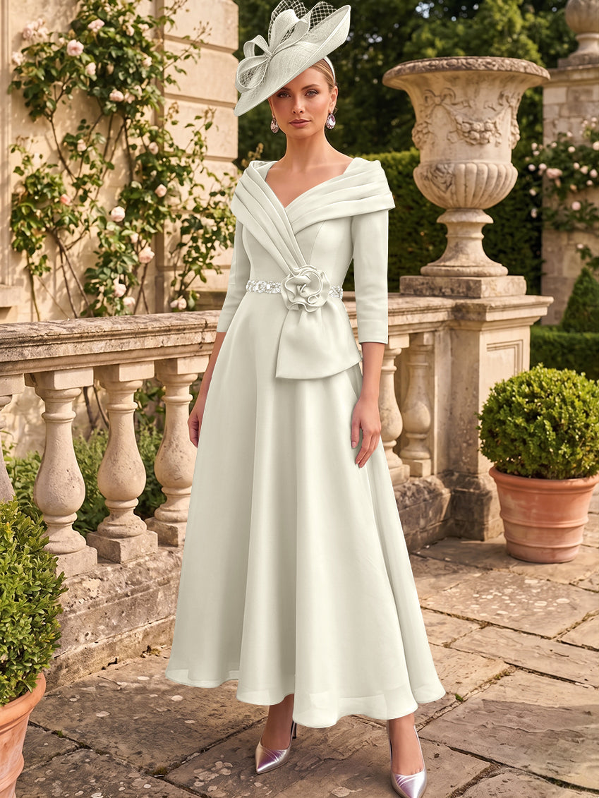A-Line/Princess V-Neck Chiffon Mother of the Bride Dresses Ankle-Length 3/4 Sleeves 3D Flower Sequins