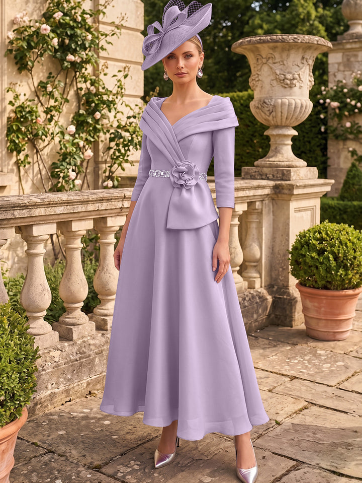 A-Line/Princess V-Neck Chiffon Mother of the Bride Dresses Ankle-Length 3/4 Sleeves 3D Flower Sequins