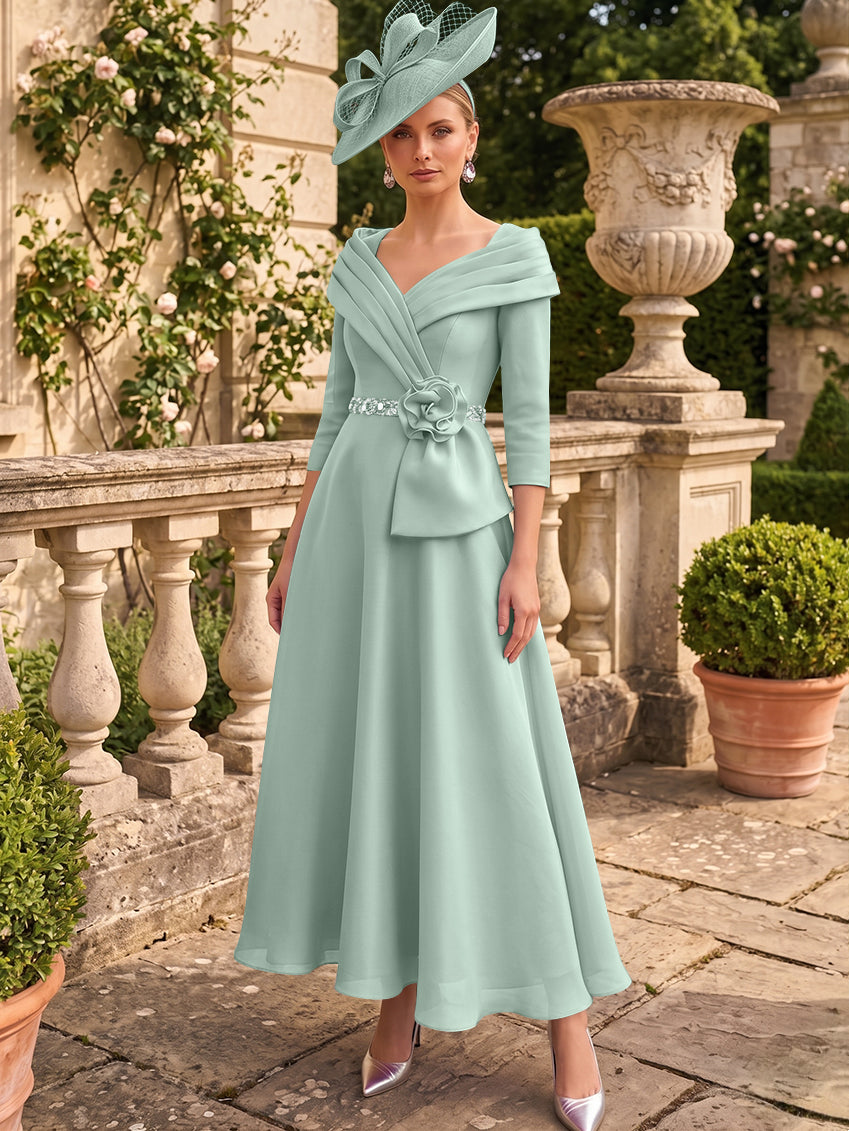 A-Line/Princess V-Neck Chiffon Mother of the Bride Dresses Ankle-Length 3/4 Sleeves 3D Flower Sequins