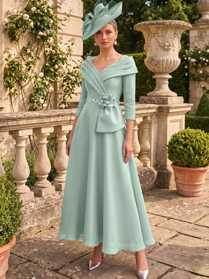 A-Line/Princess V-Neck Chiffon Mother of the Bride Dresses Ankle-Length 3/4 Sleeves 3D Flower Sequins