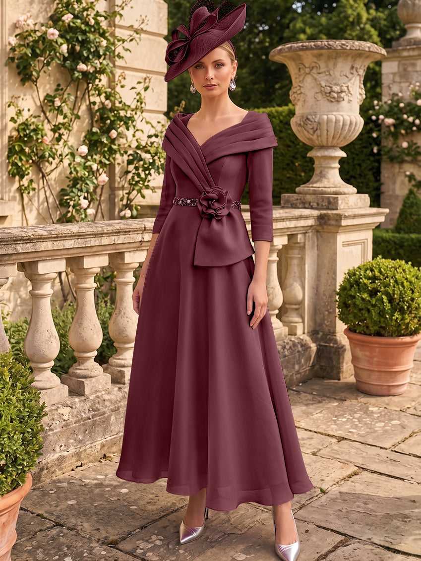A-Line/Princess V-Neck Chiffon Mother of the Bride Dresses Ankle-Length 3/4 Sleeves 3D Flower Sequins