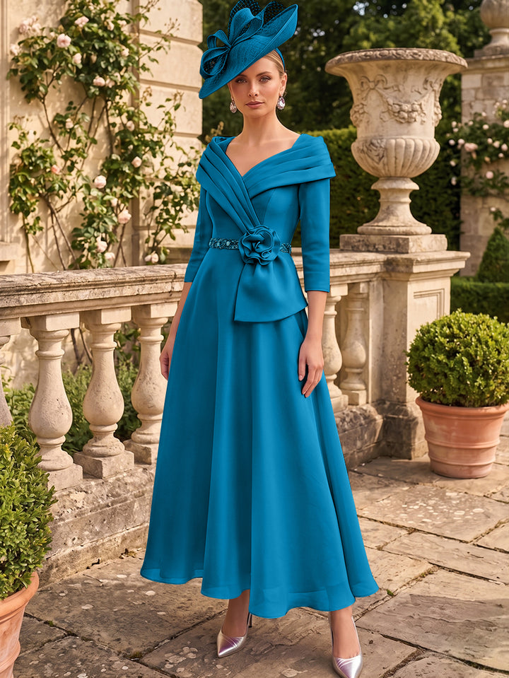 A-Line/Princess V-Neck Chiffon Mother of the Bride Dresses Ankle-Length 3/4 Sleeves 3D Flower Sequins