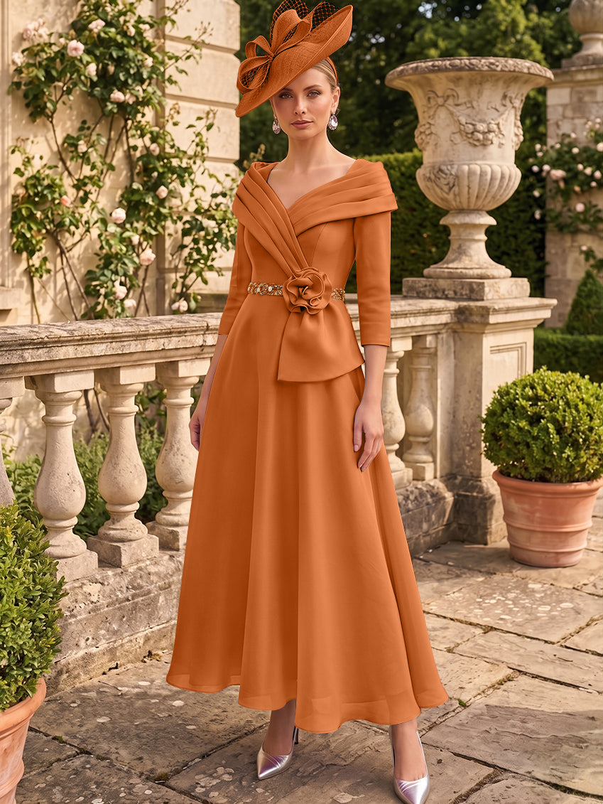 A-Line/Princess V-Neck Chiffon Mother of the Bride Dresses Ankle-Length 3/4 Sleeves 3D Flower Sequins