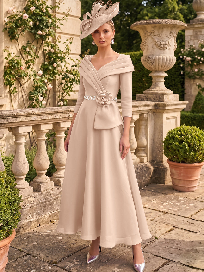 A-Line/Princess V-Neck Chiffon Mother of the Bride Dresses Ankle-Length 3/4 Sleeves 3D Flower Sequins