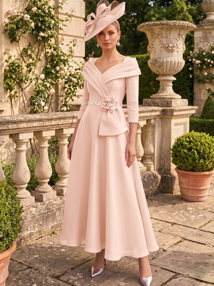A-Line/Princess V-Neck Chiffon Mother of the Bride Dresses Ankle-Length 3/4 Sleeves 3D Flower Sequins