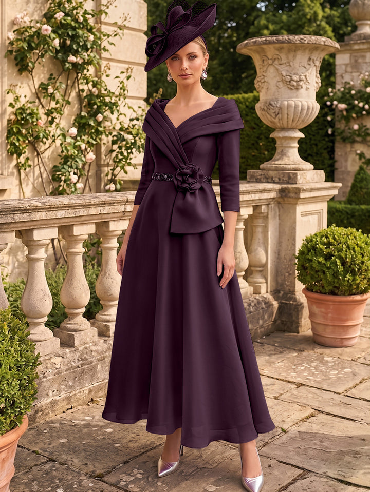 A-Line/Princess V-Neck Chiffon Mother of the Bride Dresses Ankle-Length 3/4 Sleeves 3D Flower Sequins