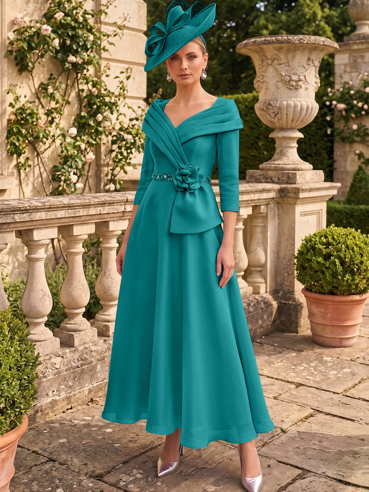 A-Line/Princess V-Neck Chiffon Mother of the Bride Dresses Ankle-Length 3/4 Sleeves 3D Flower Sequins