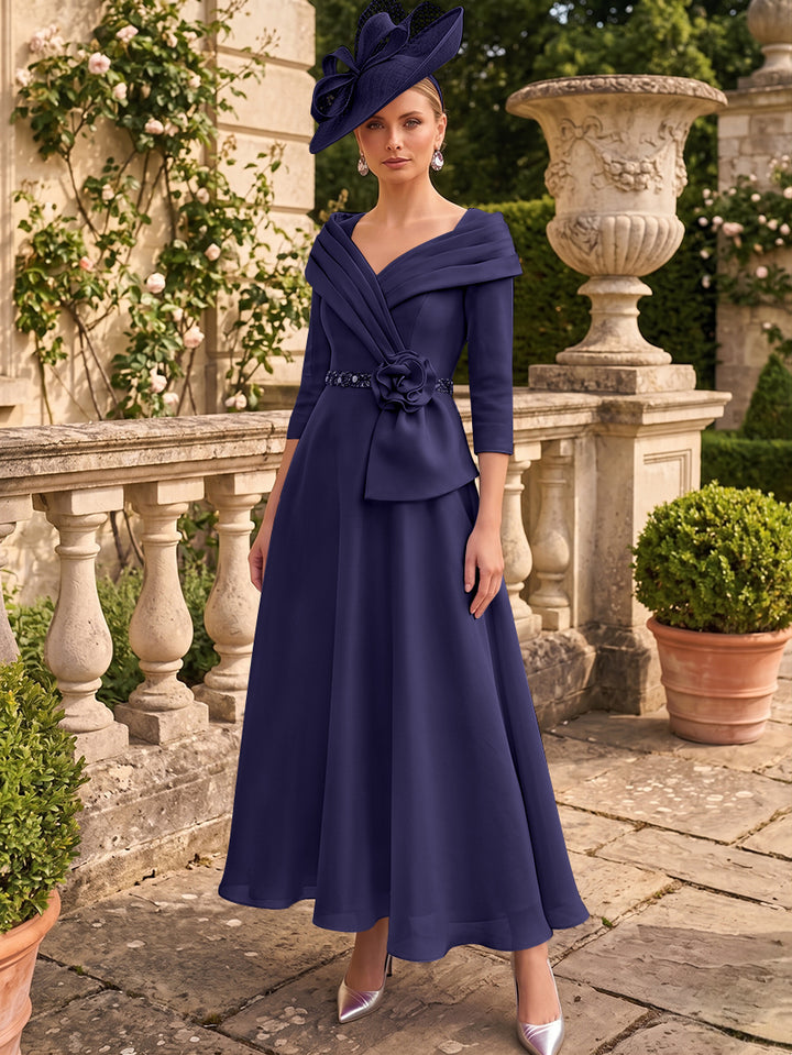 A-Line/Princess V-Neck Chiffon Mother of the Bride Dresses Ankle-Length 3/4 Sleeves 3D Flower Sequins