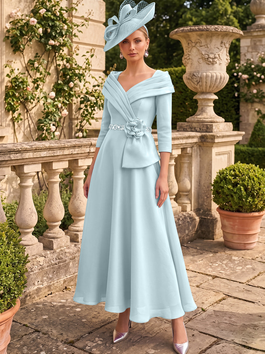 A-Line/Princess V-Neck Chiffon Mother of the Bride Dresses Ankle-Length 3/4 Sleeves 3D Flower Sequins