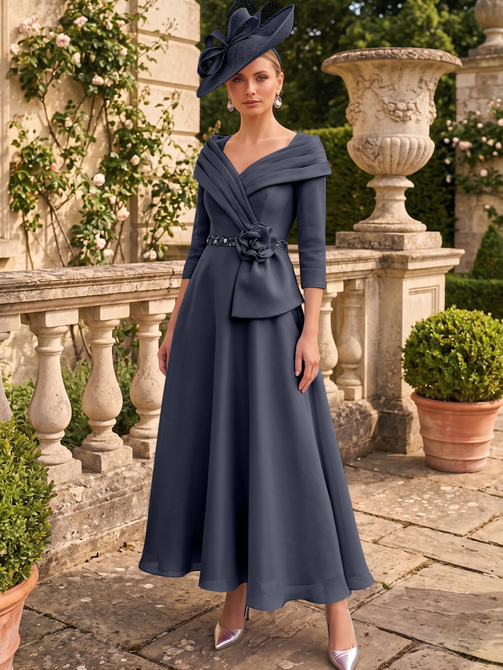A-Line/Princess V-Neck Chiffon Mother of the Bride Dresses Ankle-Length 3/4 Sleeves 3D Flower Sequins