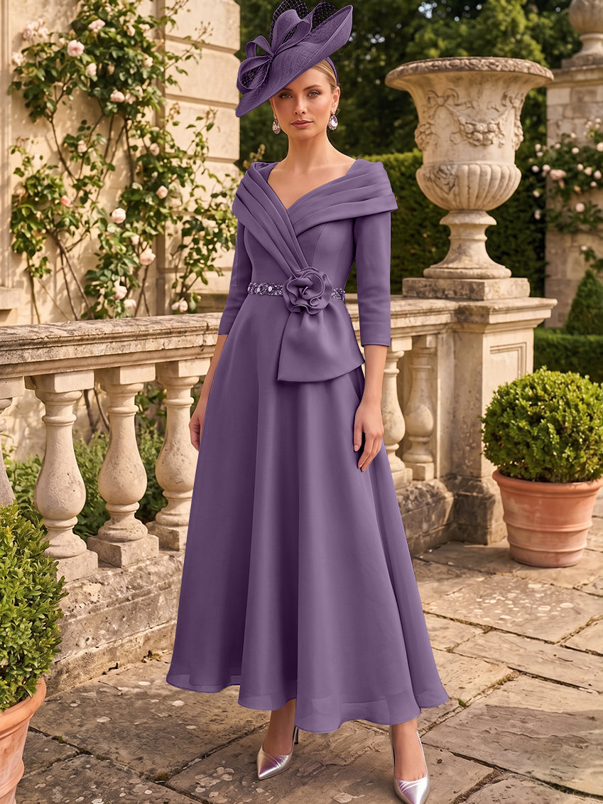 A-Line/Princess V-Neck Chiffon Mother of the Bride Dresses Ankle-Length 3/4 Sleeves 3D Flower Sequins