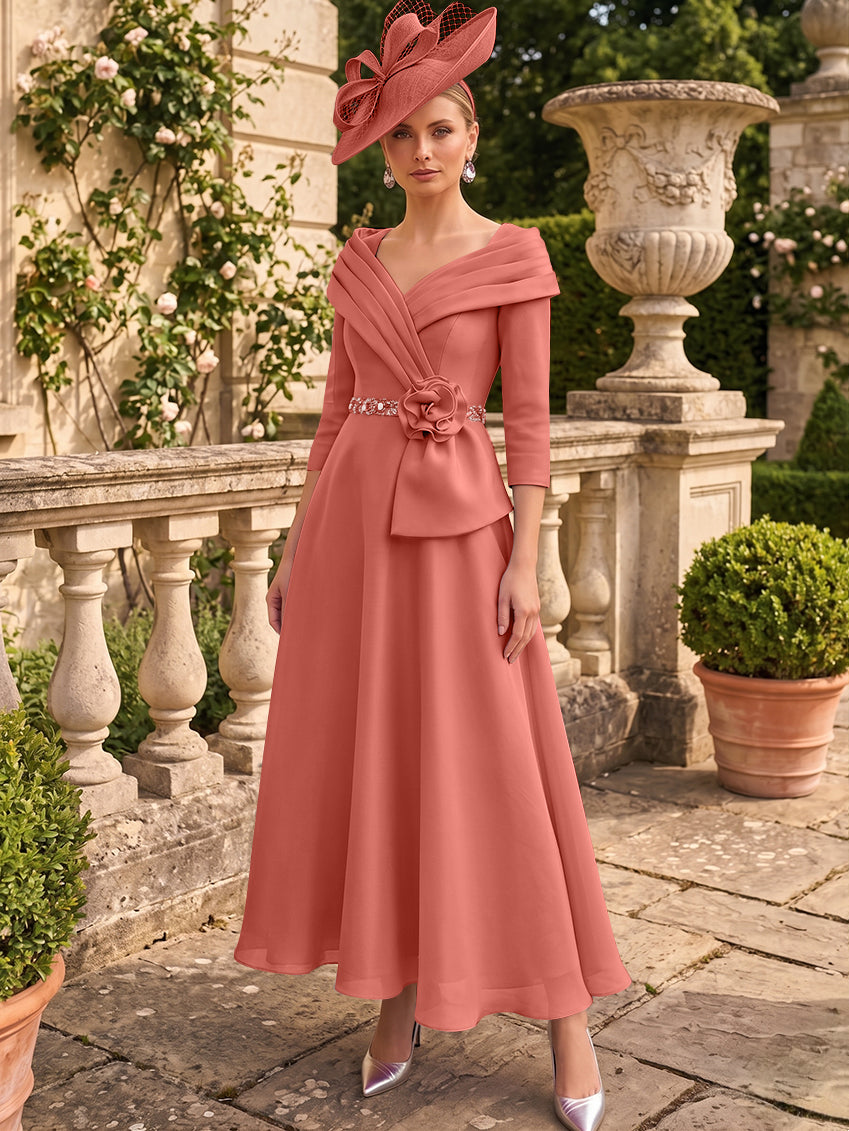 A-Line/Princess V-Neck Chiffon Mother of the Bride Dresses Ankle-Length 3/4 Sleeves 3D Flower Sequins