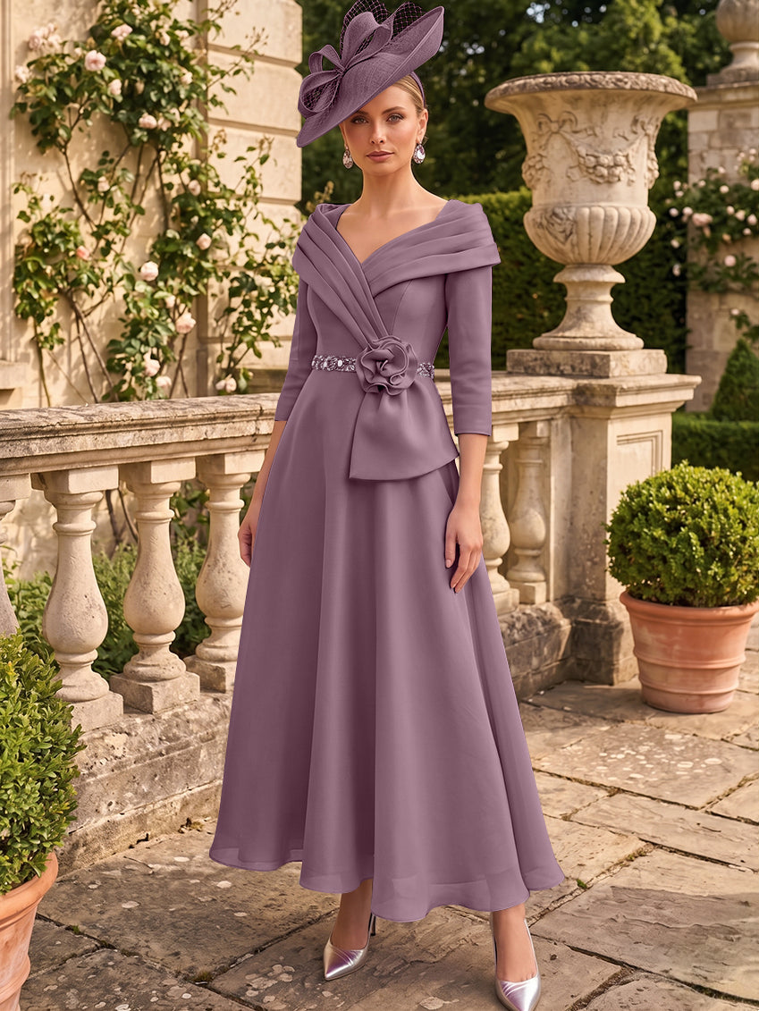 A-Line/Princess V-Neck Chiffon Mother of the Bride Dresses Ankle-Length 3/4 Sleeves 3D Flower Sequins