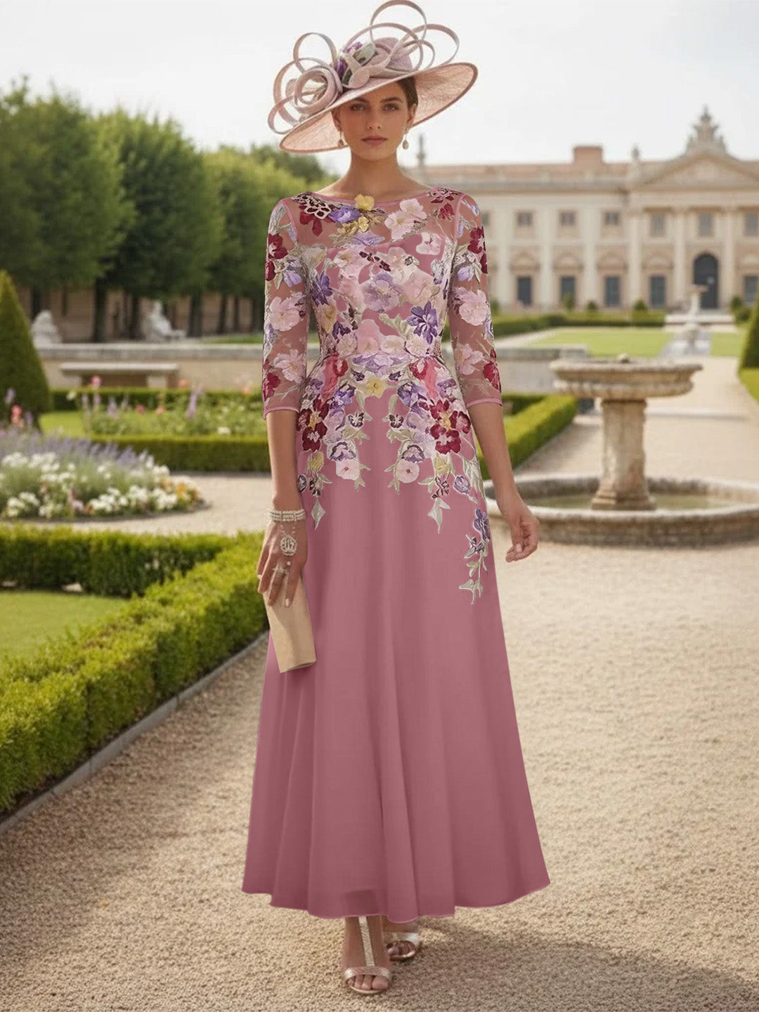 A-Line/Princess Scoop Chiffon Mother of the Bride Dresses Lace Floral Half Sleeves Ankle-Length