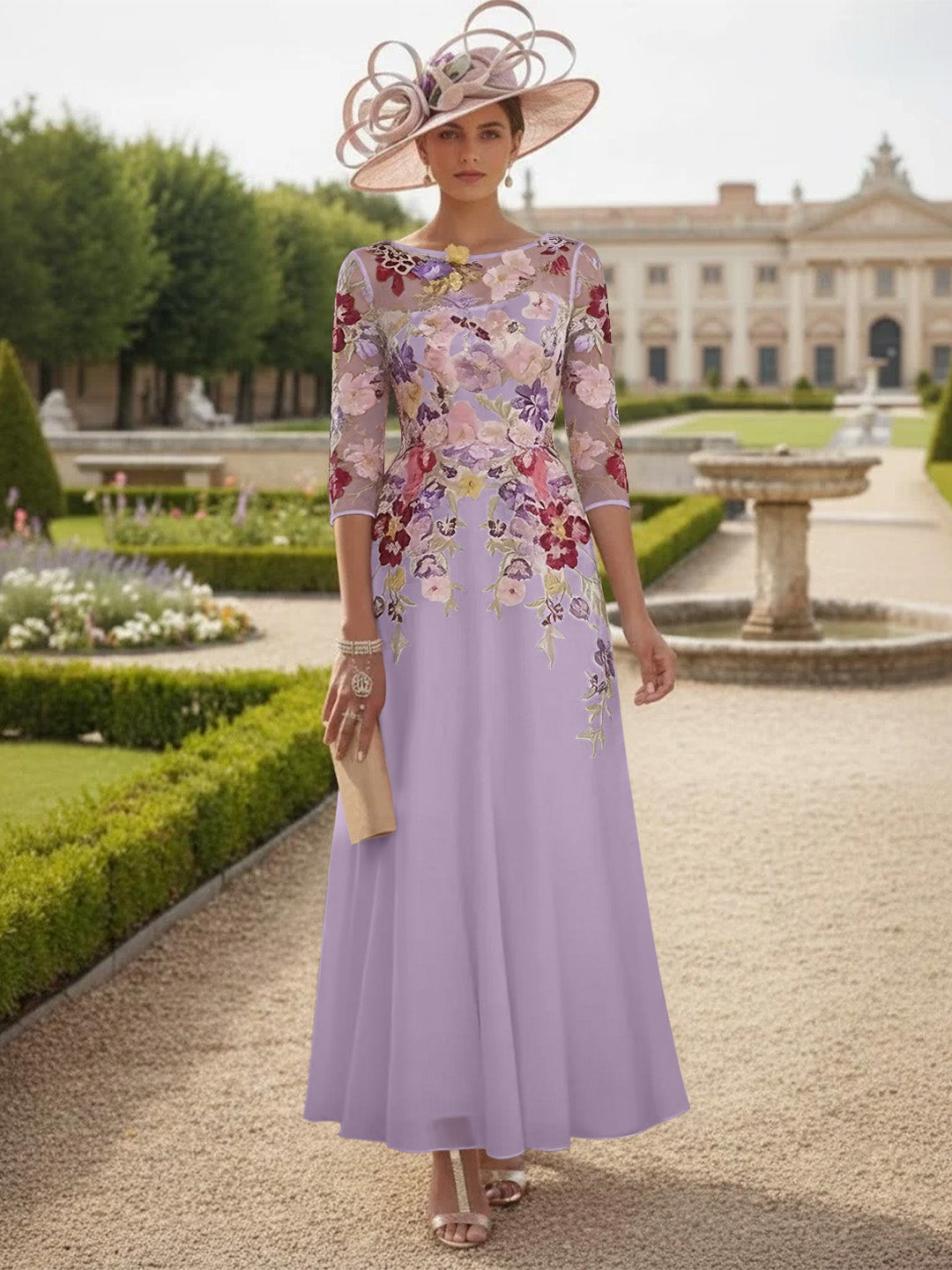 A-Line/Princess Scoop Chiffon Mother of the Bride Dresses Lace Floral Half Sleeves Ankle-Length