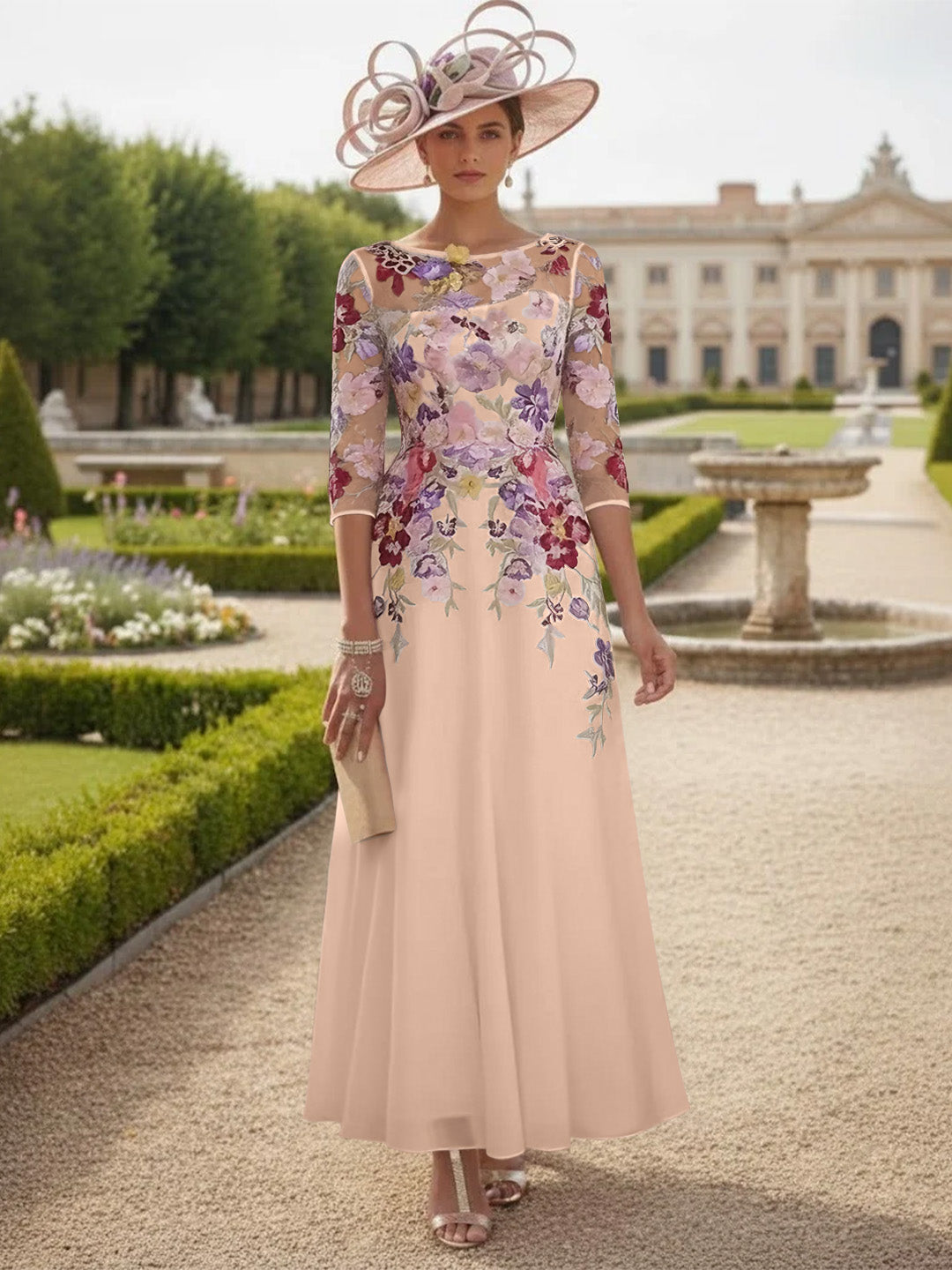 A-Line/Princess Scoop Chiffon Mother of the Bride Dresses Lace Floral Half Sleeves Ankle-Length