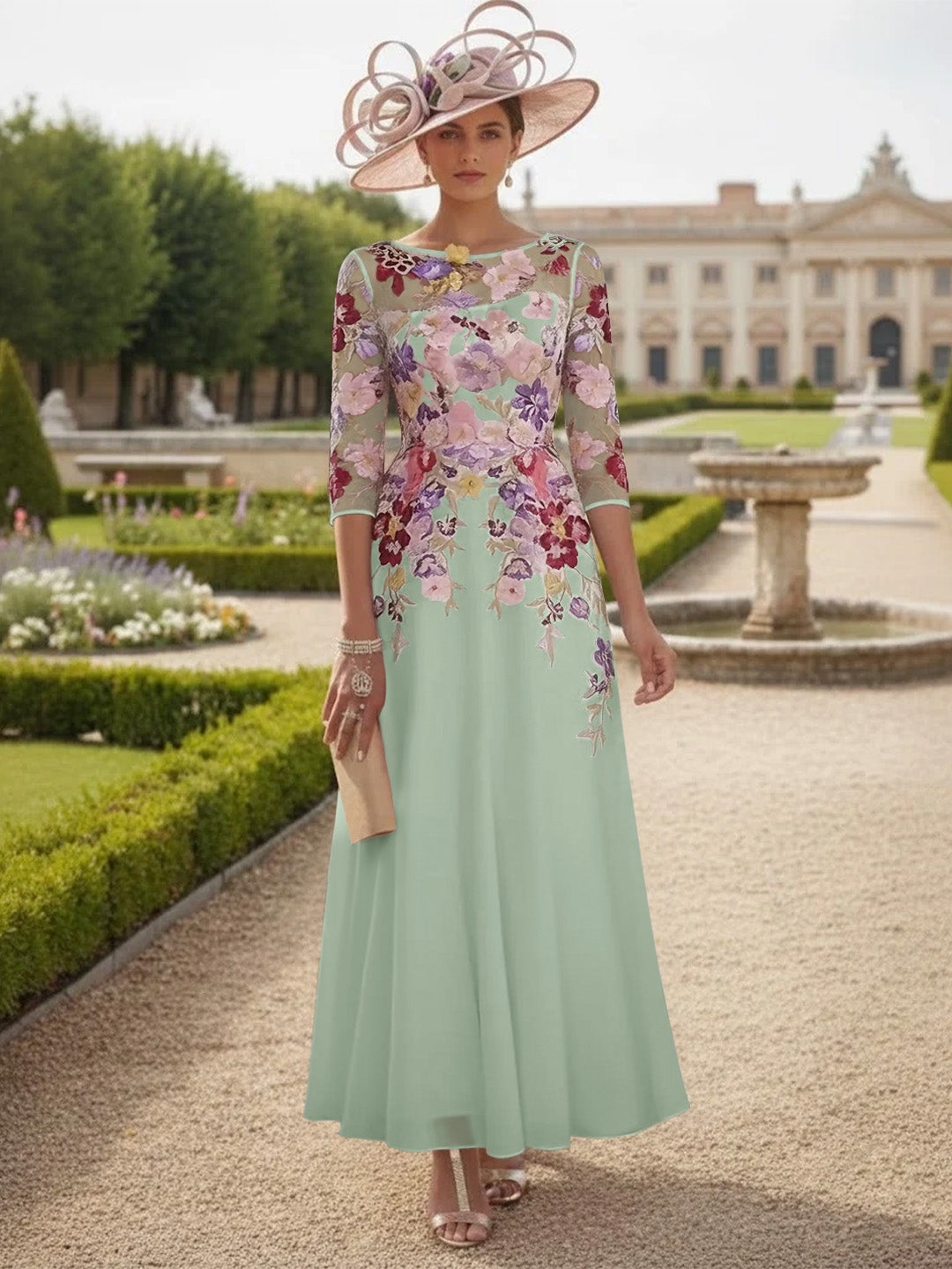A-Line/Princess Scoop Chiffon Mother of the Bride Dresses Lace Floral Half Sleeves Ankle-Length
