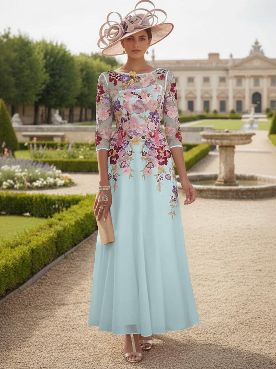 A-Line/Princess Scoop Chiffon Mother of the Bride Dresses Lace Floral Half Sleeves Ankle-Length