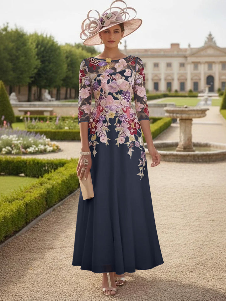 A-Line/Princess Scoop Chiffon Mother of the Bride Dresses Lace Floral Half Sleeves Ankle-Length