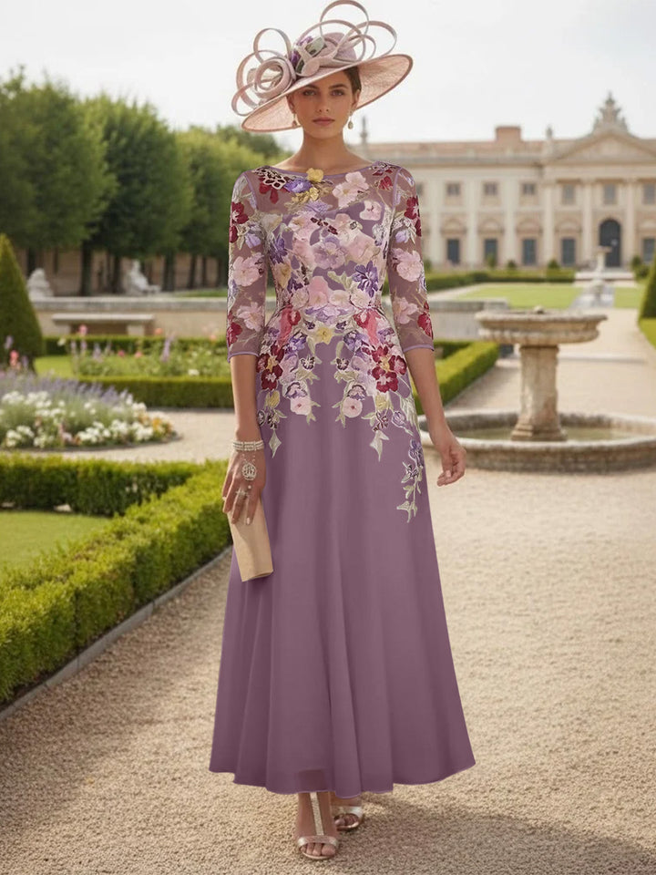 A-Line/Princess Scoop Chiffon Mother of the Bride Dresses Lace Floral Half Sleeves Ankle-Length