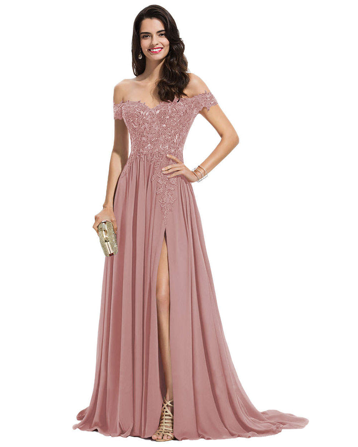 A-Line/Princess Off-the-Shoulder Floor-Length Prom Dresses