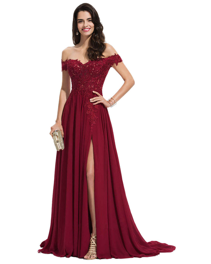 A-Line/Princess Off-the-Shoulder Floor-Length Prom Dresses