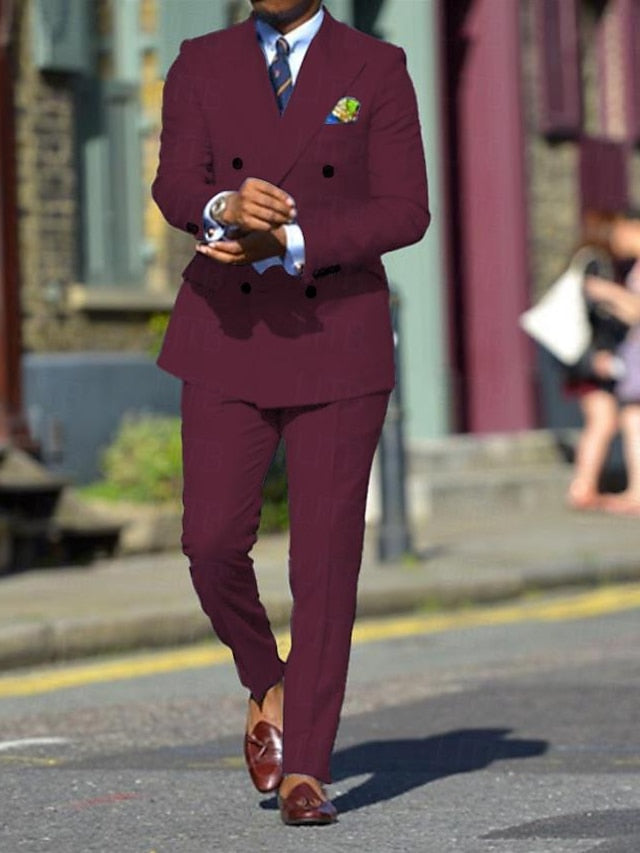 Men's Standard Fit Double Breasted Six-buttons 2 Pieces Solid Coloured Wedding Suits