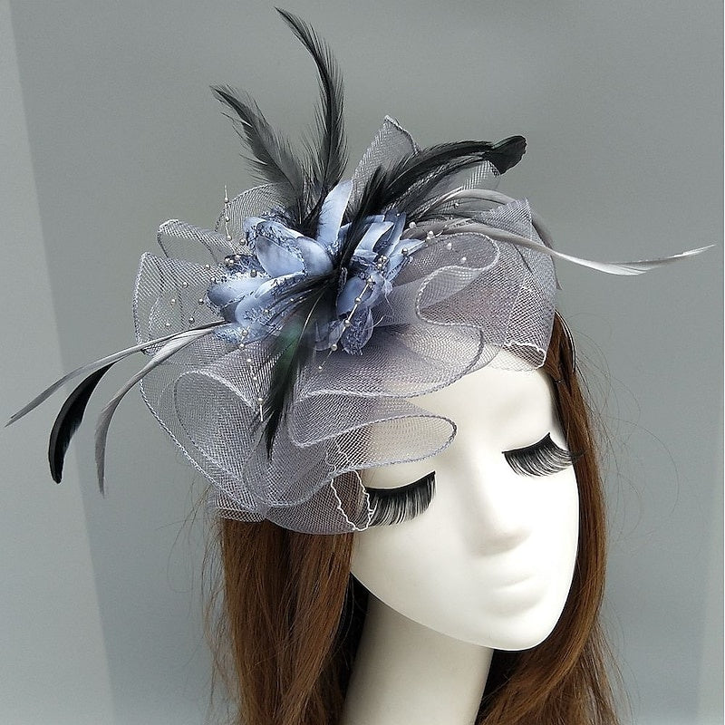 Elegant Net Saucer Hat Fascinator Hats Headpiece Flower Feather & Beading