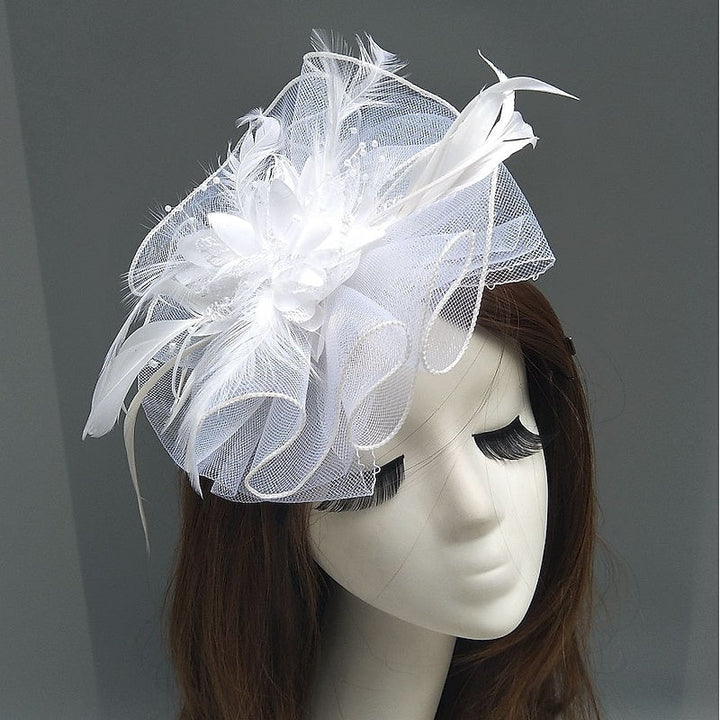 Elegant Net Saucer Hat Fascinator Hats Headpiece Flower Feather & Beading