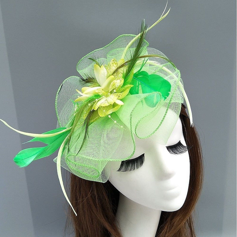 Elegant Net Saucer Hat Fascinator Hats Headpiece Flower Feather & Beading