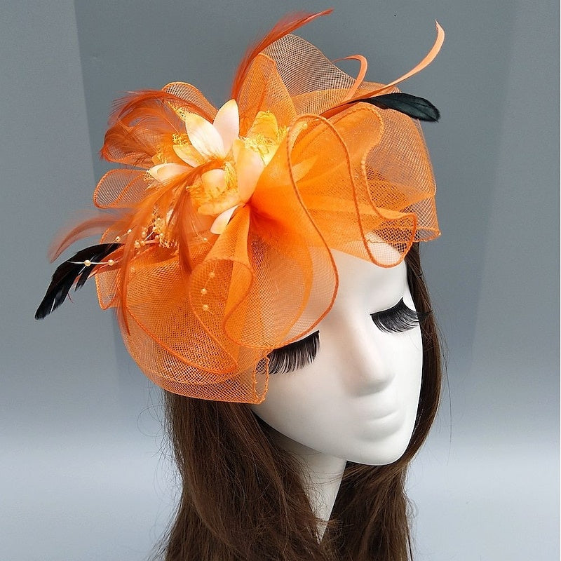 Elegant Net Saucer Hat Fascinator Hats Headpiece Flower Feather & Beading