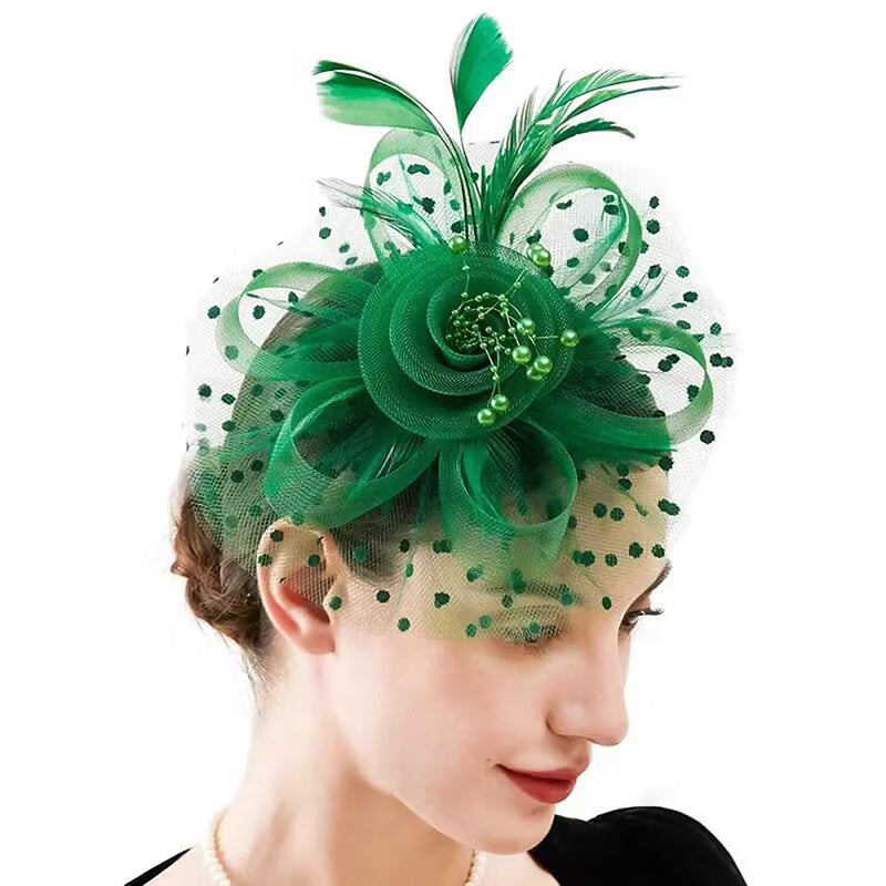Retro Green Tea Party Cocktail Mesh Feather Flower Headband/Fascinator