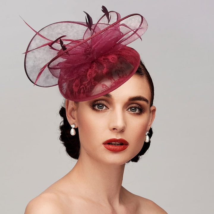 Women's Burgundy Net Wedding Party Ladies Day Feather Headpiece/Fascinator