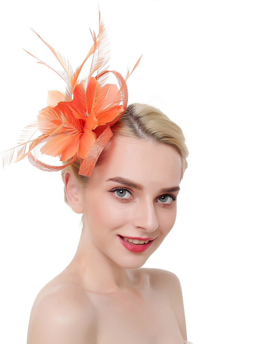 Luxury Organza Fedora Hat Horse Race Simple Feather Pure colour Headpiece/Veil Hat