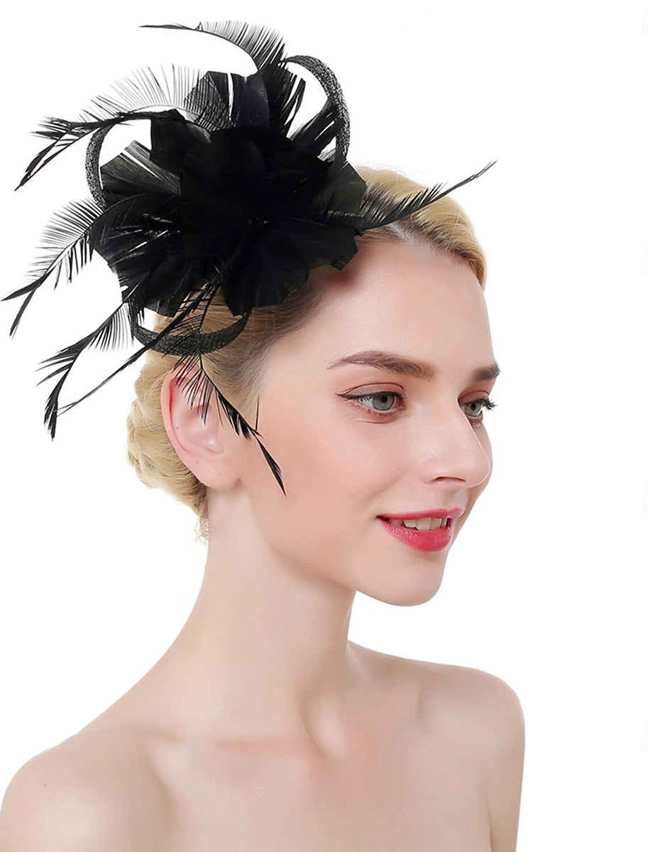 Luxury Organza Fedora Hat Horse Race Simple Feather Pure colour Headpiece/Veil Hat