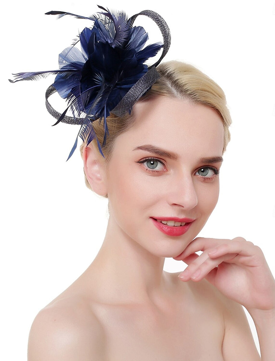 Luxury Organza Fedora Hat Horse Race Simple Feather Pure colour Headpiece/Veil Hat