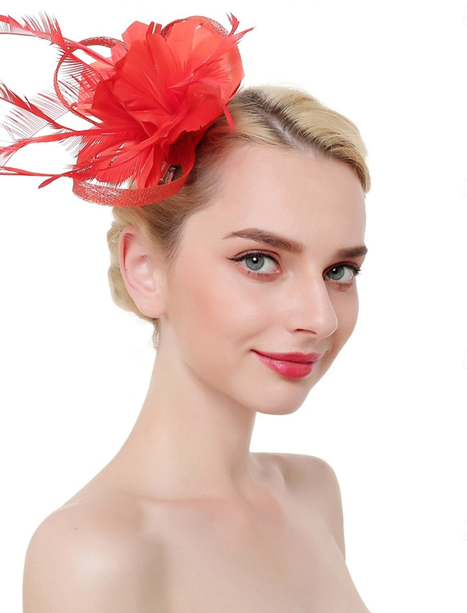 Luxury Organza Fedora Hat Horse Race Simple Feather Pure colour Headpiece/Veil Hat