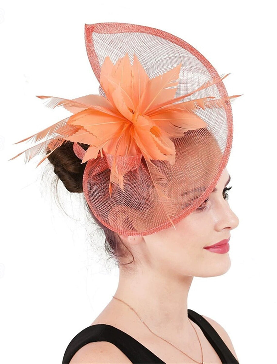 Faux Linen Fedora Hat Elegant Party Floral Feather Headpiece/Headwear