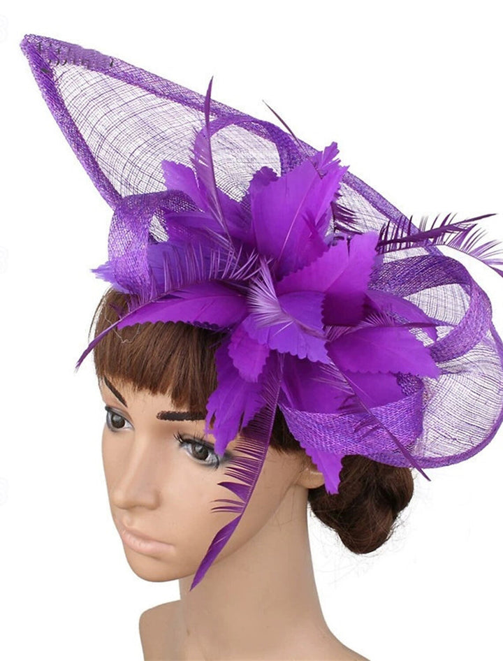 Faux Linen Fedora Hat Elegant Party Floral Feather Headpiece/Headwear