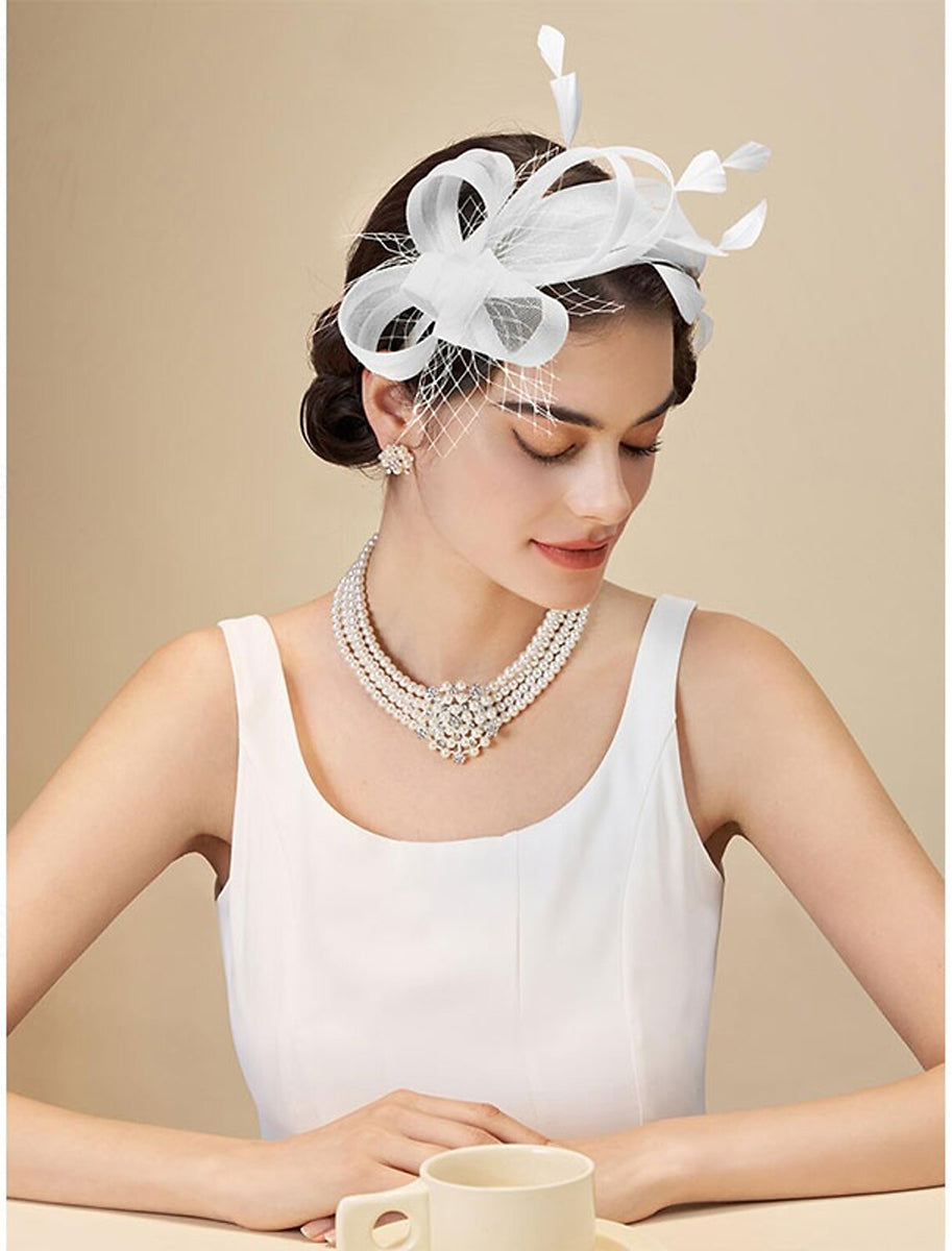 Simple White Feather Tea Party Cocktail Ladies Day Tulle Fascinator/Headband